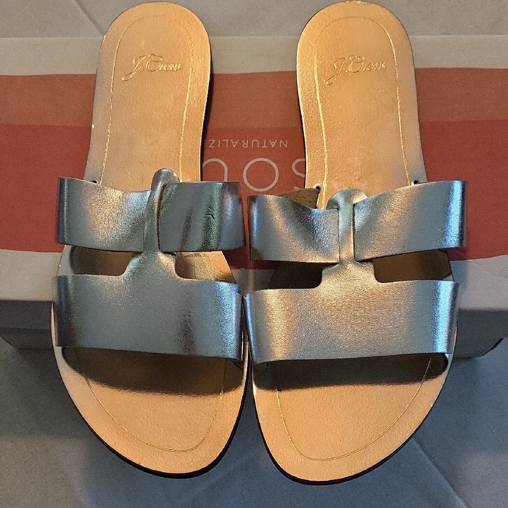 NWOT J. Crew Metallic Silver Slide Sandals